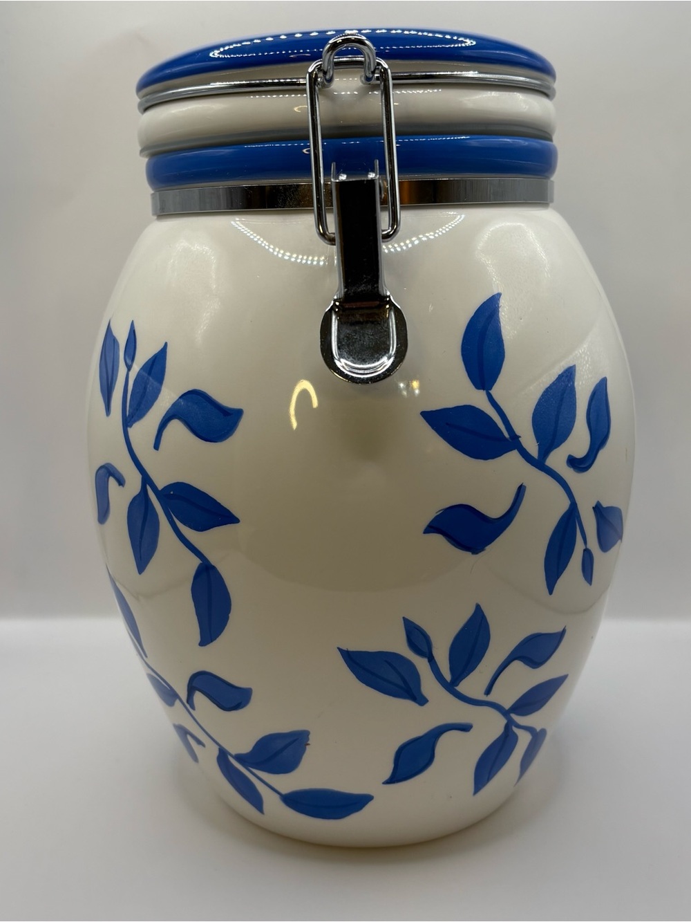 Blue Leaf Ceramic Storage Jar with Airtight Clamp Lid